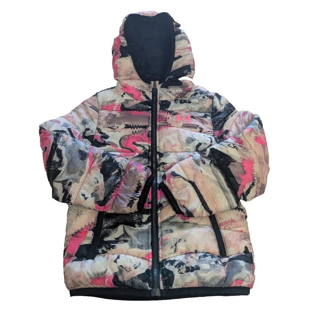 Under Armour Girls 6X Cold Gear Puffer Jacket Hooded Neon Pink Black Abstract